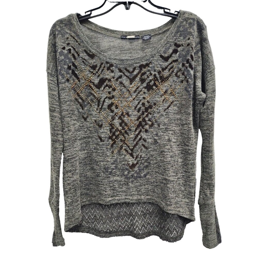 Miss Me Womens BOHO Grunge Top Medium Gray Embellished Lace Long Sleeve Casual